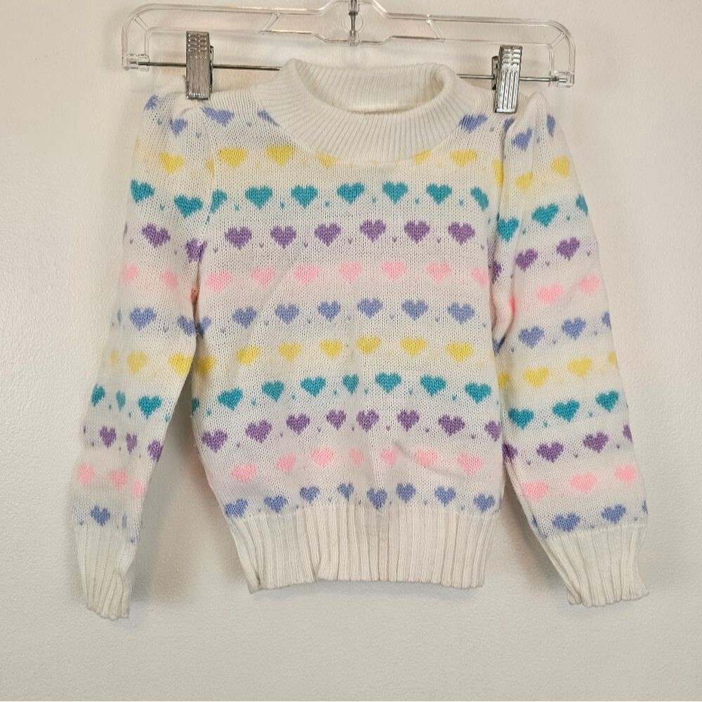 Vintage Kids Heart Cuffed Mock Neck Long Sleeve Pullover Knit Sweater